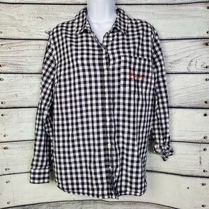 Old Navy Women’s Gingham Plaid Button Down Shirt XL Black White “Love” Embroider